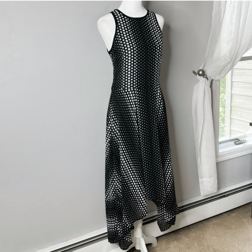 Michael Kors Georgette Dress Handkerchief Hem Black White Ombre Dot Print Size 2